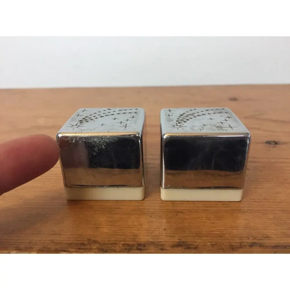 Vtg 30s Art Deco Skyway Chase Chrome Shooting Star Cube Salt Pepper Shaker Pair